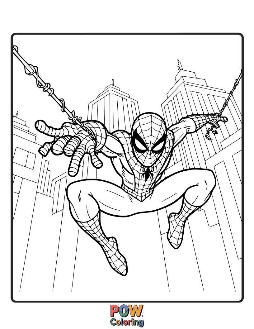 Free coloring page of Multiple, fast-moving web lines shooting from Spider-Man's hands.