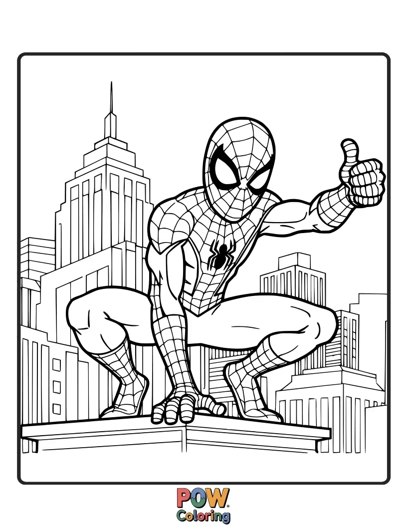 Free coloring page of A positive and encouraging Spider-Man giving a thumbs-up gesture. Great for a feel-good image.