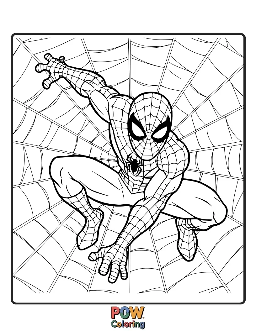 Free coloring page of Spider-Man surrounded by a repeating pattern of small, stylized webs.