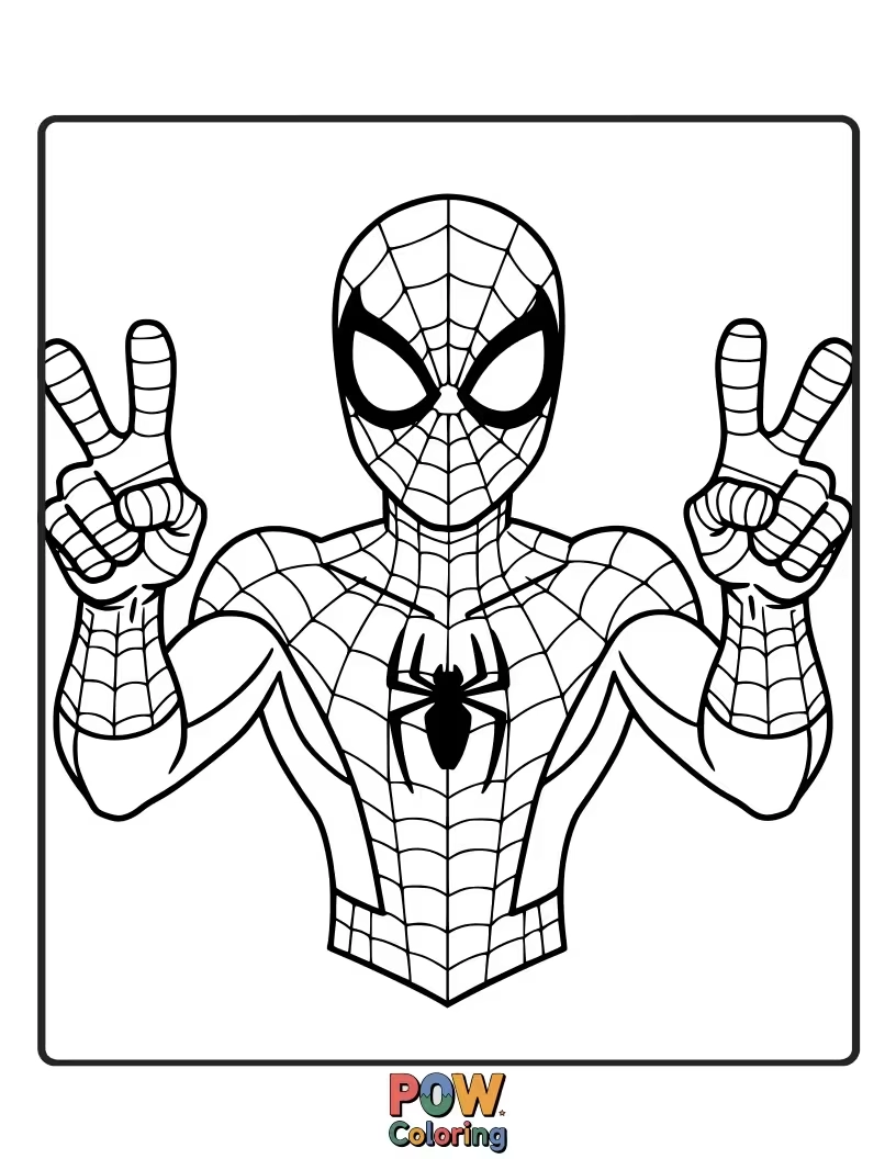 Free coloring page of A friendly Spider-Man making a peace sign, promoting positivity.