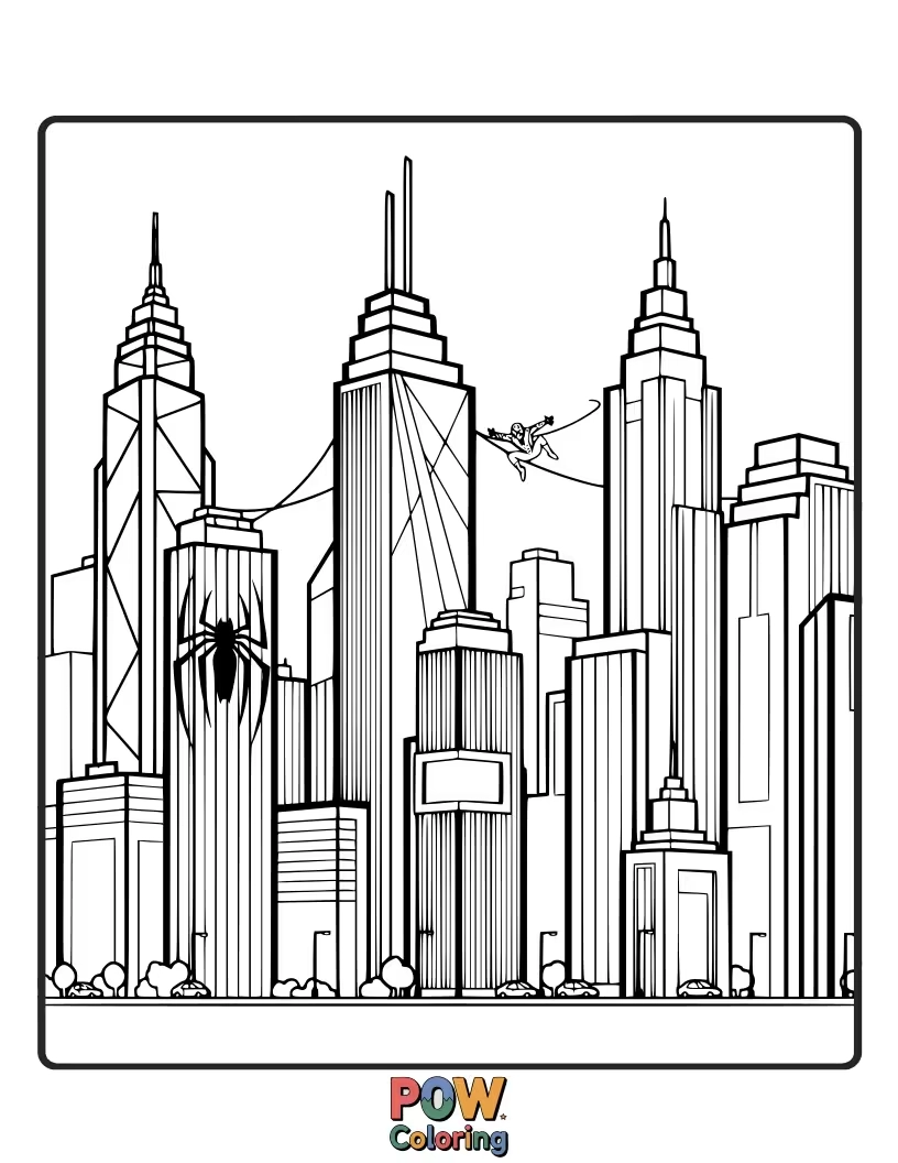 Free coloring page of Spider-Man silhouetted against a detailed, sprawling New York City skyline. Add buildings and windows.