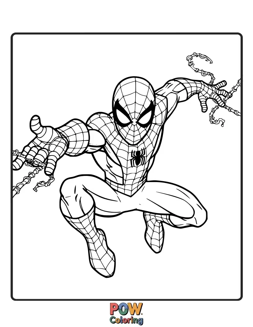 Free coloring page of Spider-Man in a strong, unyielding stance, showing his resolve.