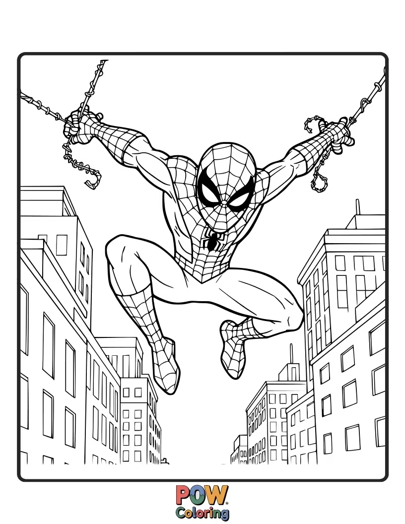 Free coloring page of Spider-Man bursting through a wall or window in a dramatic entry.
