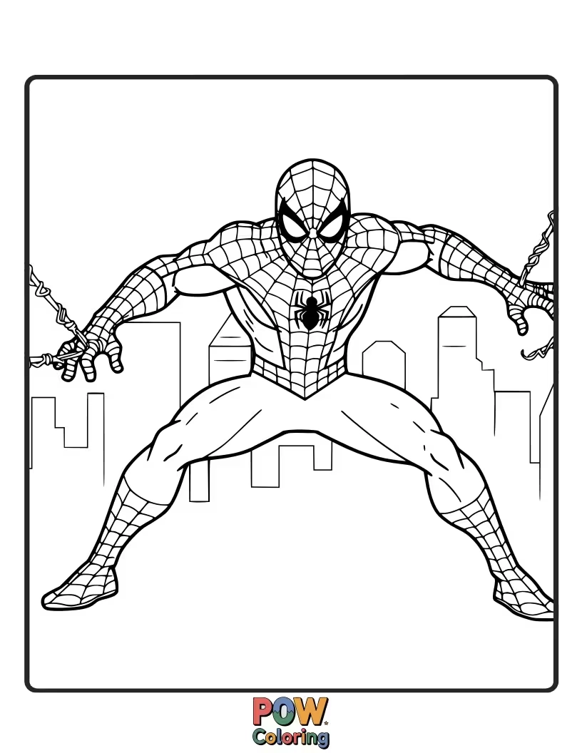 Free coloring page of Spider-Man standing tall and proud in a classic heroic pose.