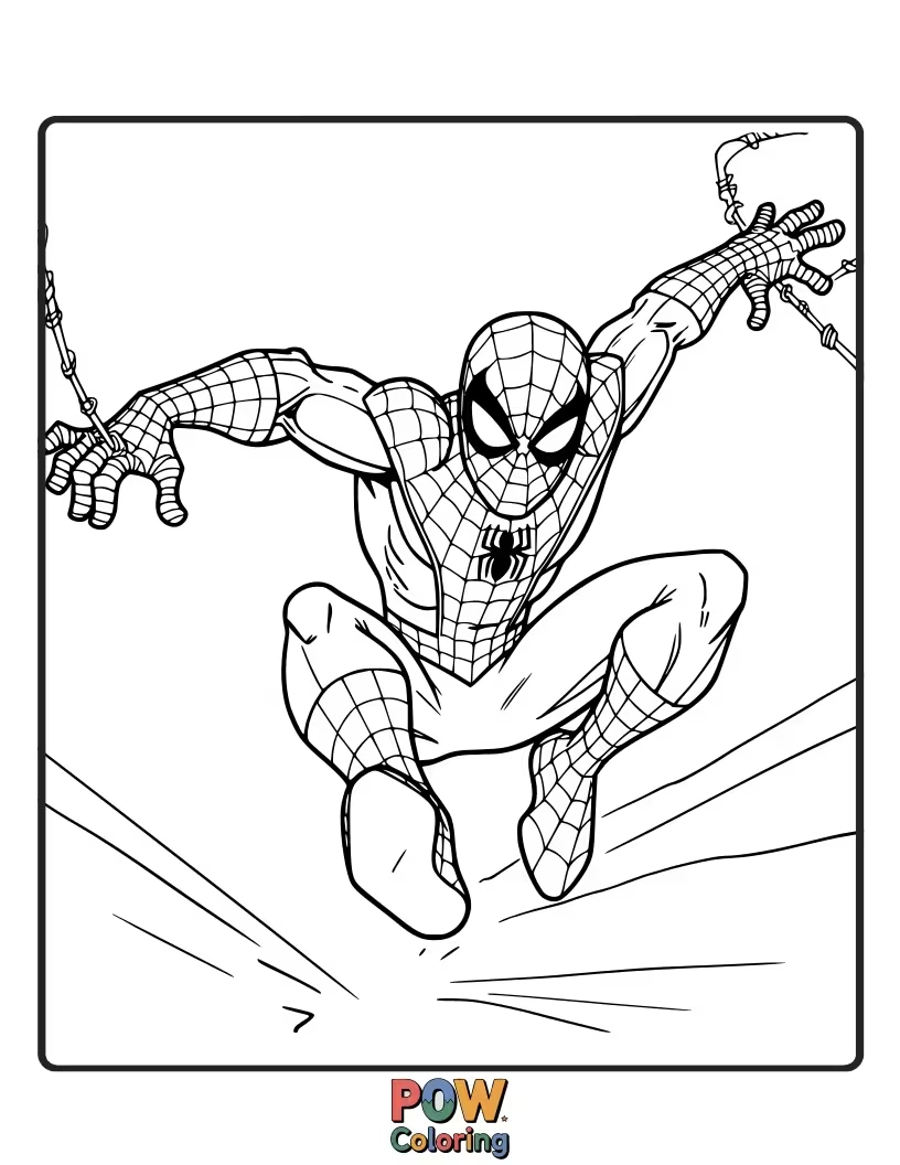 Free coloring page of Spider-Man taking a large, powerful stride as he moves through the city.