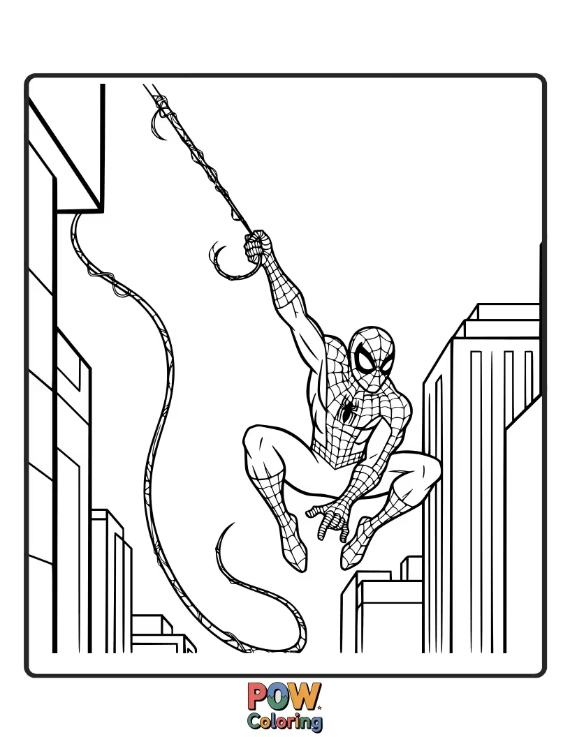 Free coloring page of Swinging through the city, Spidey leaves a trail of intricate webs. Get creative with cityscapes!