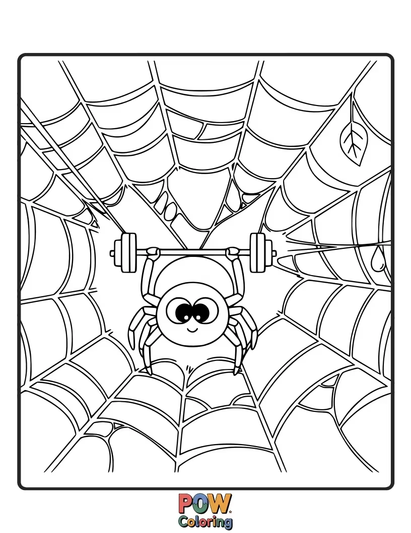 Free coloring page of A spider is hilariously trying to do workout on its own sticky web.