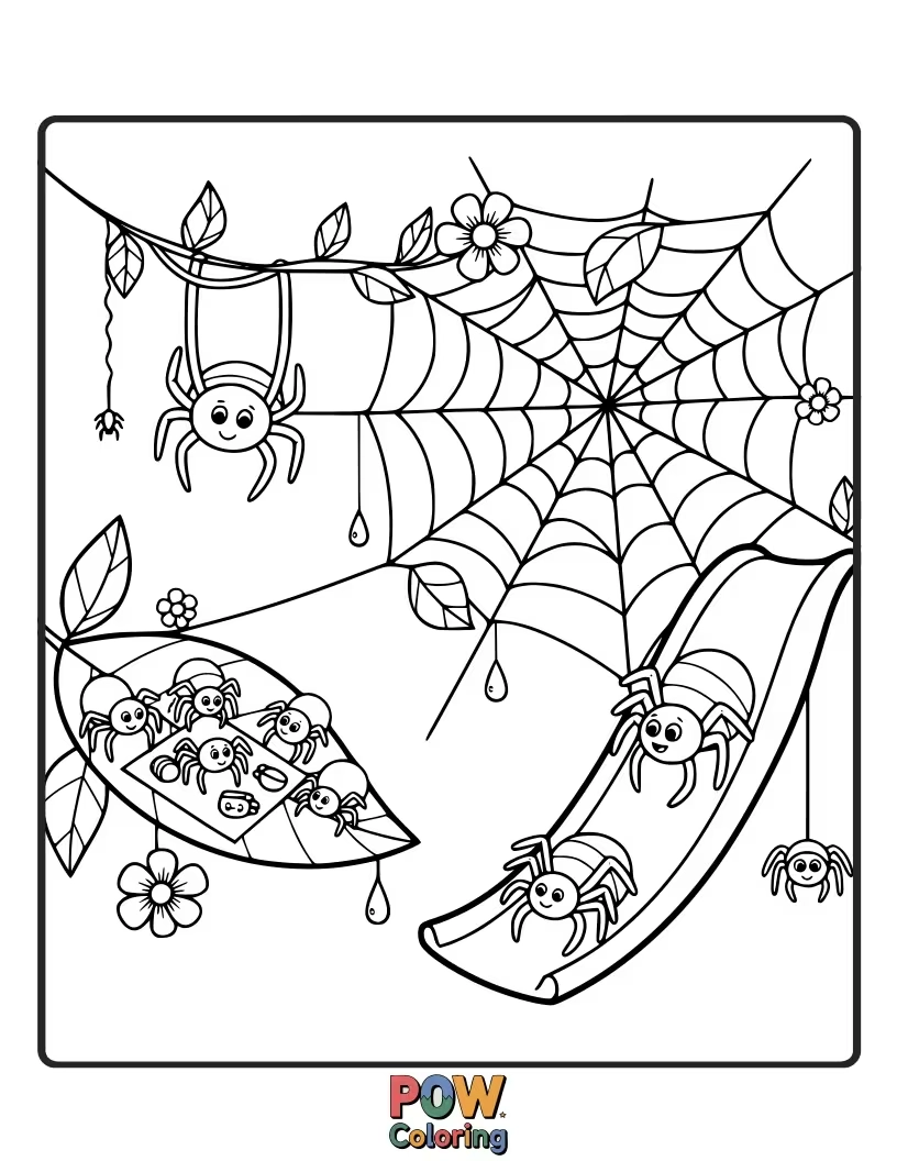 Free coloring page of A playful spider is swinging gleefully on a giant, colorful spiderweb like a swing set.