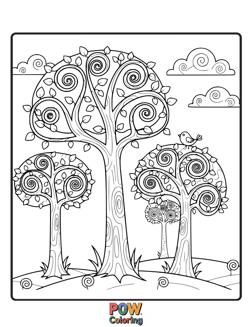 Free coloring page of Trees whose branches spiral upwards, creating a dynamic and mesmerizing visual flow towards the sky.