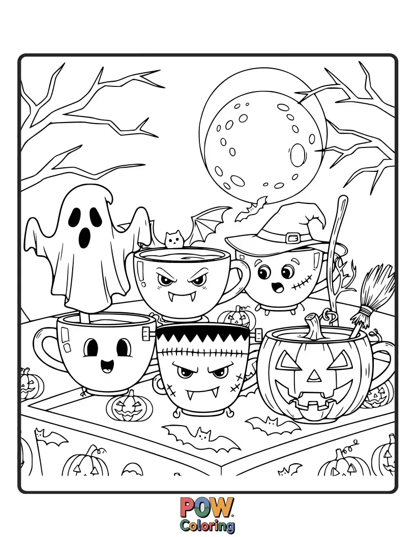 Free coloring page of Ghoulishly cute cups dressed as ghosts, pumpkins, and monsters for a fun, not-too-scary Halloween scene.
