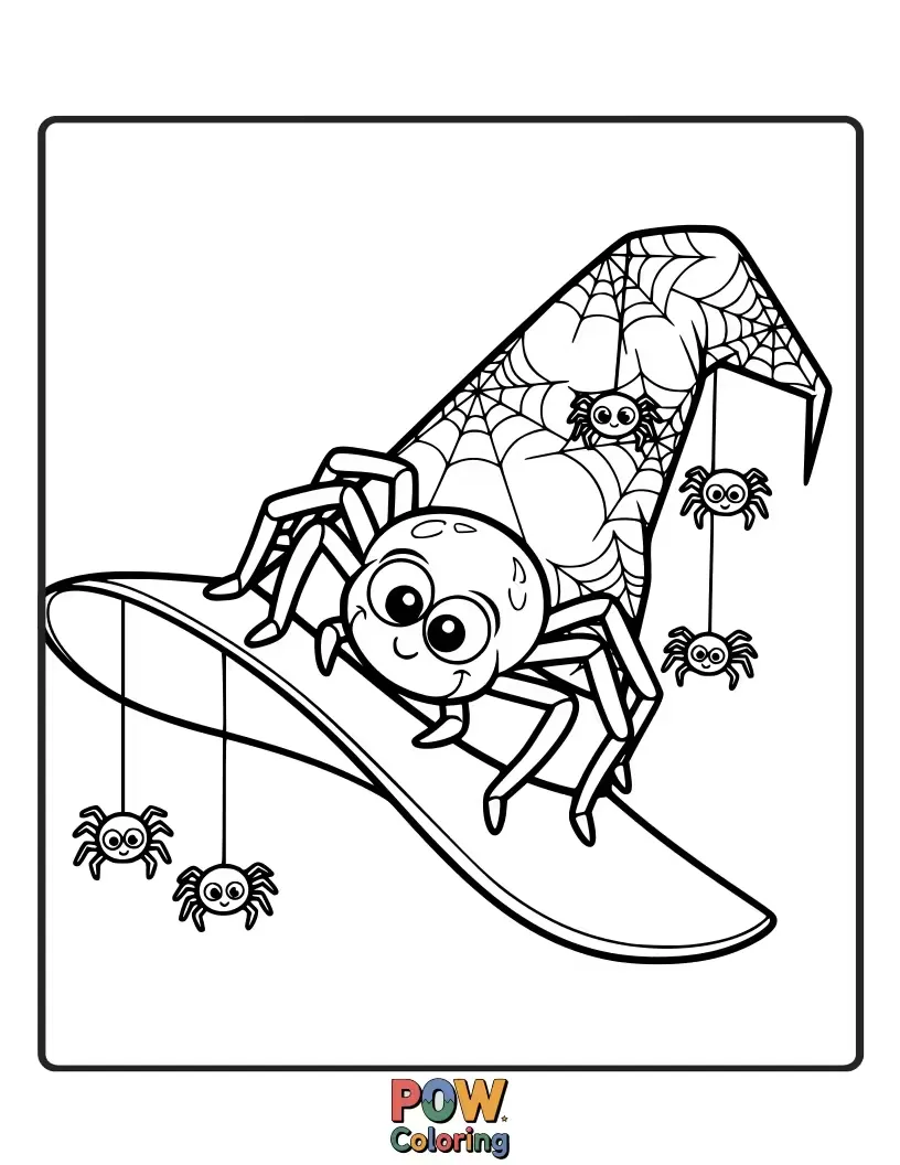 Free coloring page of A playful witch's hat decorated with friendly, cartoon spiders and cobwebs. Spooktacular fun awaits!