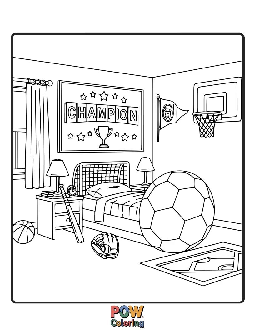 Free coloring page of Balls of all kinds, trophies, and team pennants fill this energetic space for the ultimate fan.