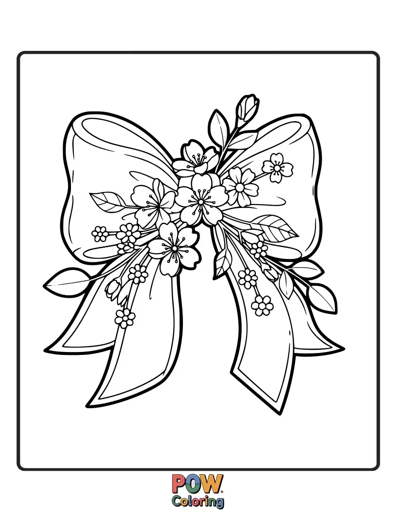 Free coloring page of A delicate bow featuring blooming cherry blossoms, cheerful daisies, and fluttering butterflies, celebrating new beginnings.