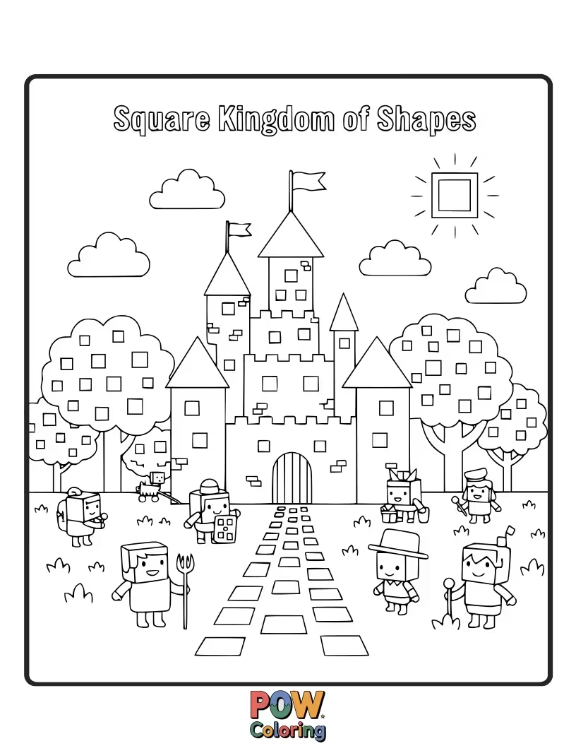 Free coloring page of A charming kingdom built with various squares and rectangles, encouraging exploration of symmetry and straight lines.
