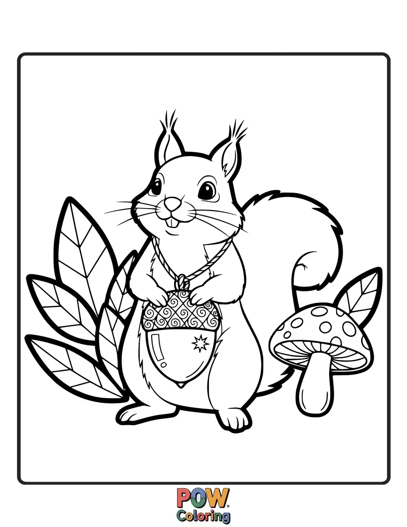 Free coloring page of A cute squirrel is wearing a tiny, glowing amulet crafted by a wizard, looking incredibly proud of its treasure.
