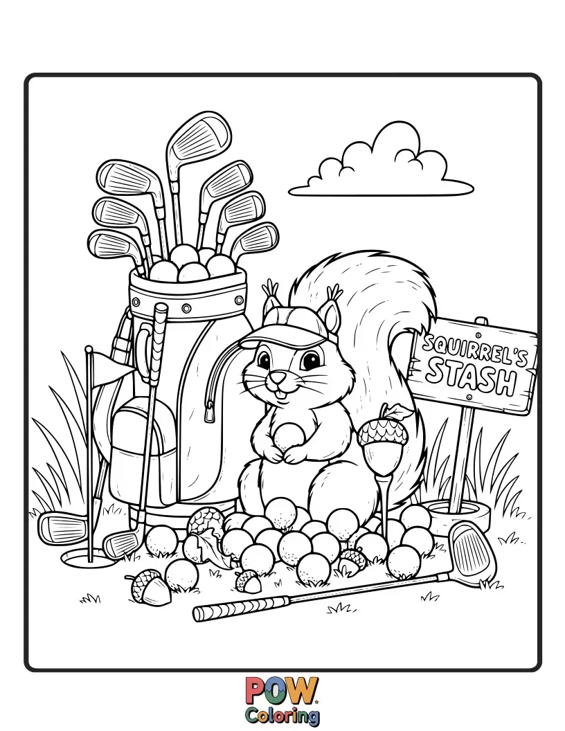 Free coloring page of A mischievous squirrel hoarding golf balls in its cheeks, peeking out from behind a giant acorn tee.