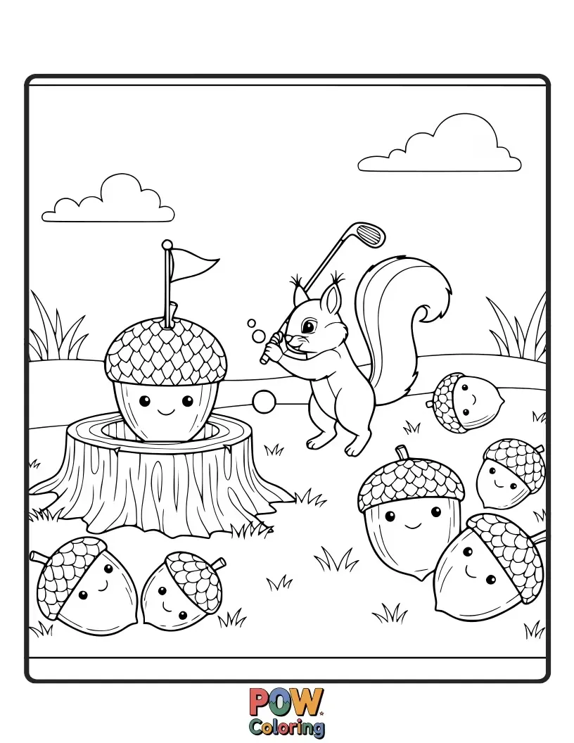 Free coloring page of A determined squirrel using a giant acorn as a golf club, aiming for a hole.