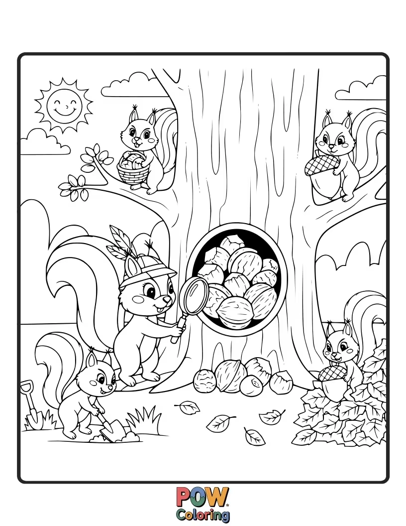 Free coloring page of A busy squirrel burying acorns and finding colorful Easter eggs in a park.