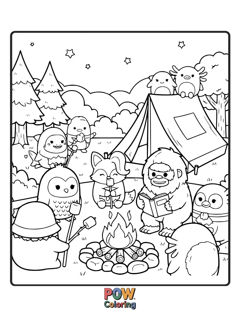 Free coloring page of A happy Squishmallow roasting marshmallows over a campfire under a starry night sky.
