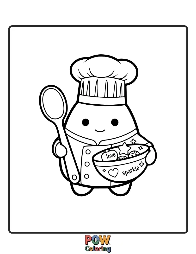 Free coloring page of A culinary Squishmallow wearing a chef's hat, happily decorating a delicious cake with frosting and sprinkles.
