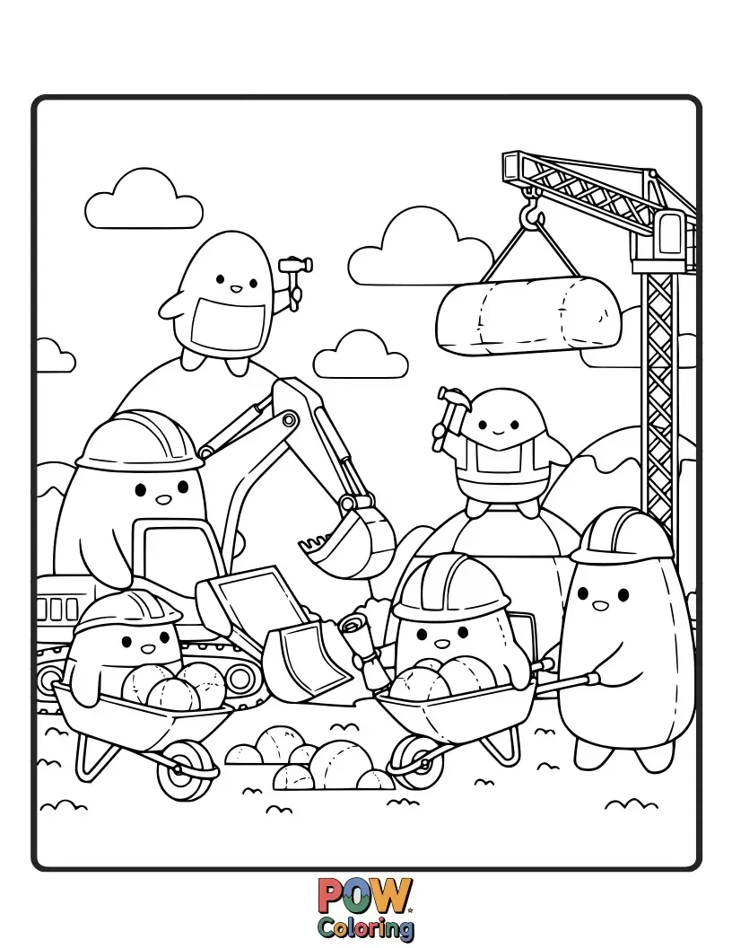 Free coloring page of A busy Squishmallow wearing a hard hat, helping to build a fun structure with toy tools.