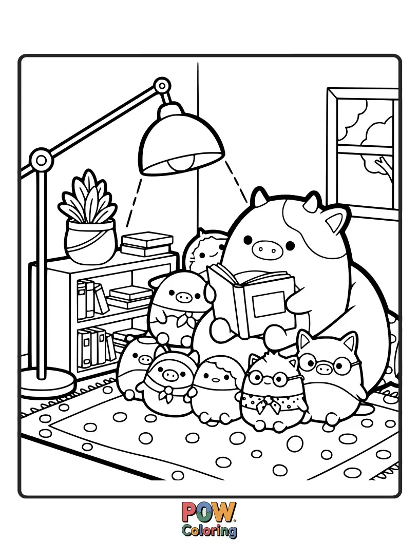 Free coloring page of A sleepy Squishmallow curled up with a book, nestled amongst soft pillows and a warm blanket.