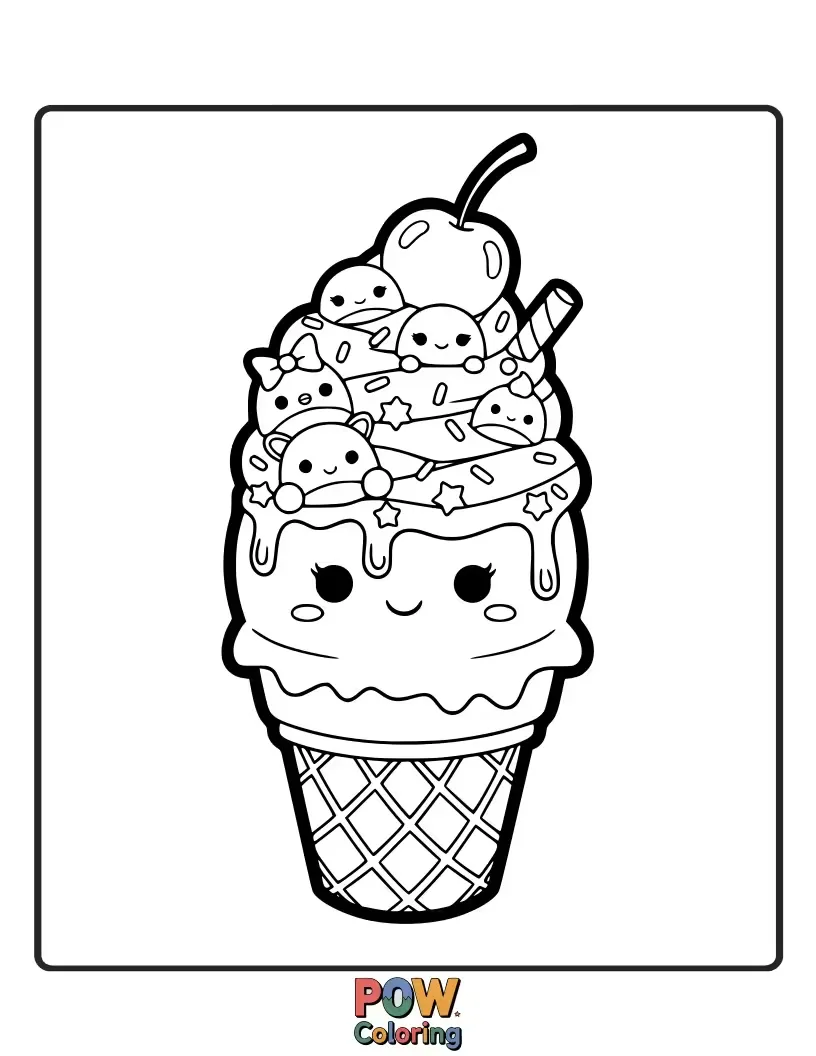 Free coloring page of A delighted Squishmallow enjoying a giant, multi-scooped ice cream cone on a sunny day.