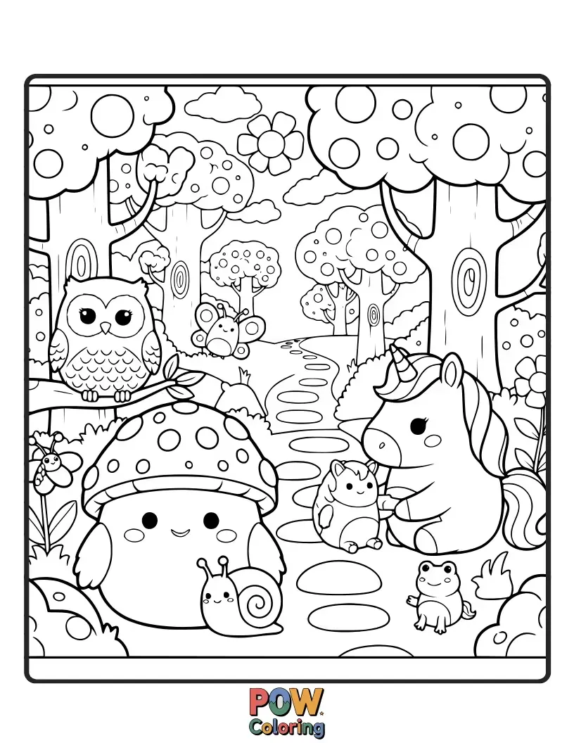 Free coloring page of A whimsical Squishmallow making friends with enchanted creatures in a sparkling, luminescent forest.