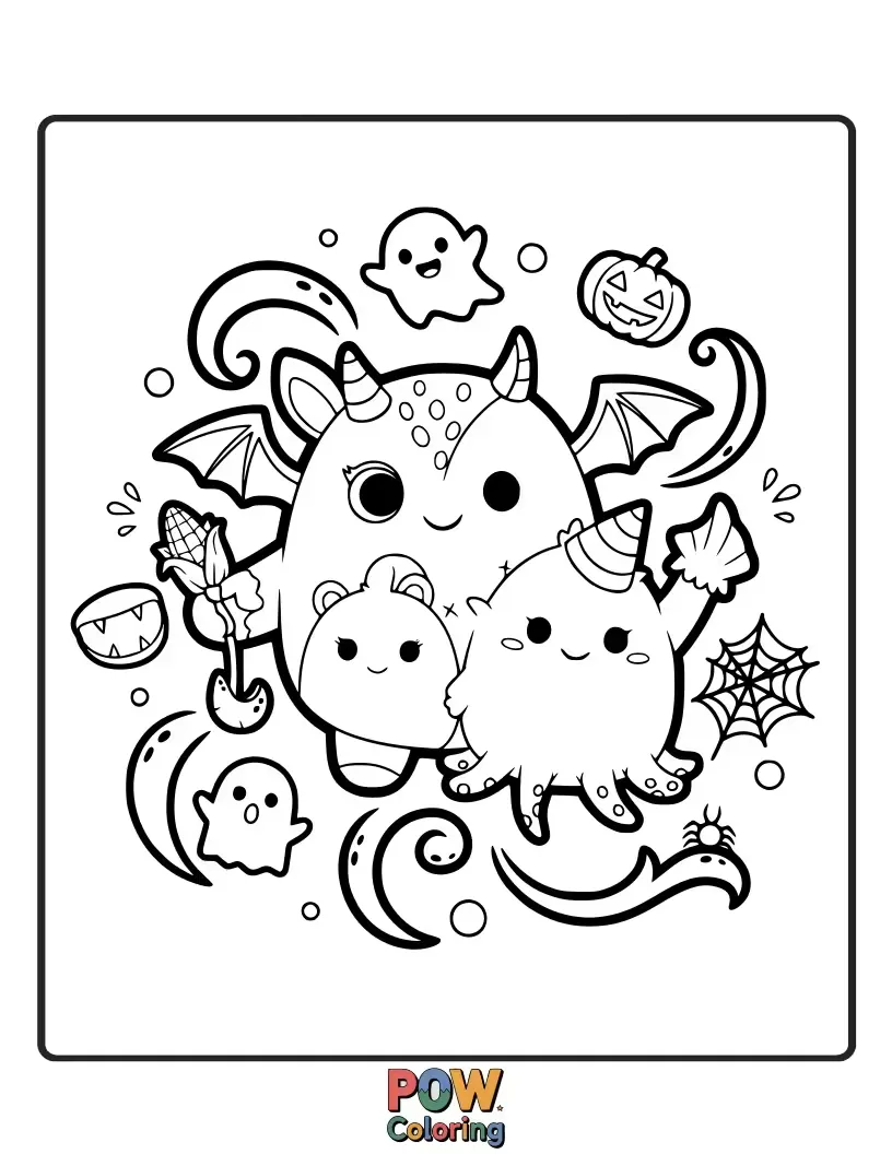 Free coloring page of A friendly Squishmallow dressed as a silly monster, ready for a fun Halloween trick-or-treat adventure.