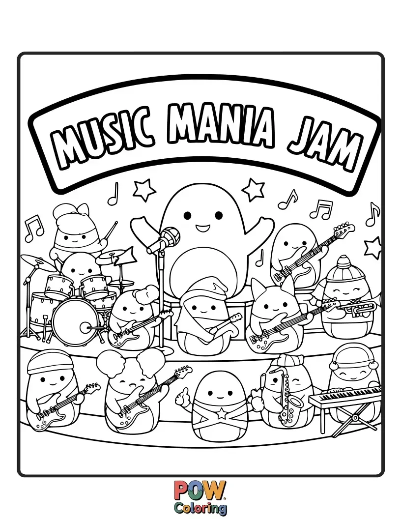Free coloring page of A groovy Squishmallow playing a musical instrument with enthusiasm, surrounded by musical notes and sound waves.