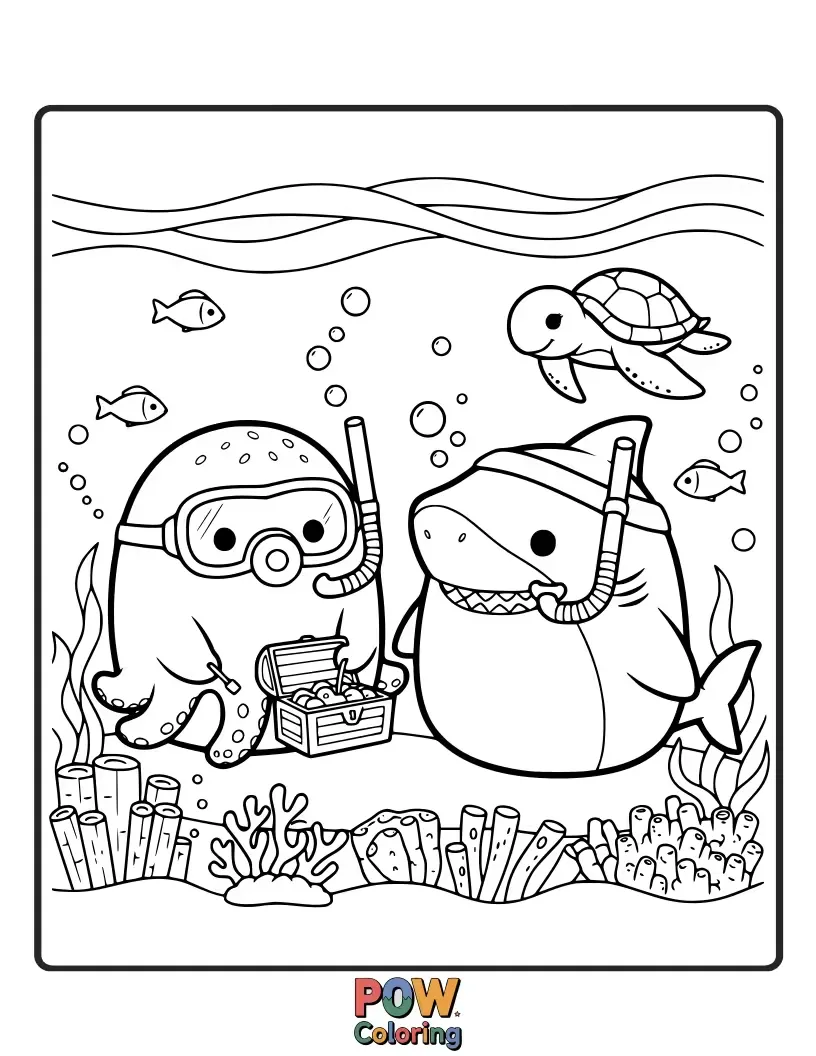 Free coloring page of A brave Squishmallow wearing scuba gear, exploring the depths of the ocean with friendly sea creatures.