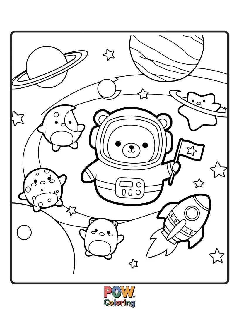 Free coloring page of A curious Squishmallow piloting a spaceship, discovering new galaxies and waving to little green aliens.