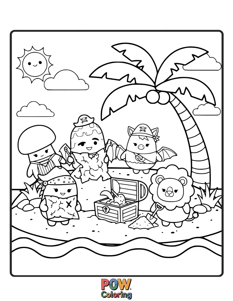 Free coloring page of A swashbuckling Squishmallow searching for hidden treasure on a tropical island with a pirate map.
