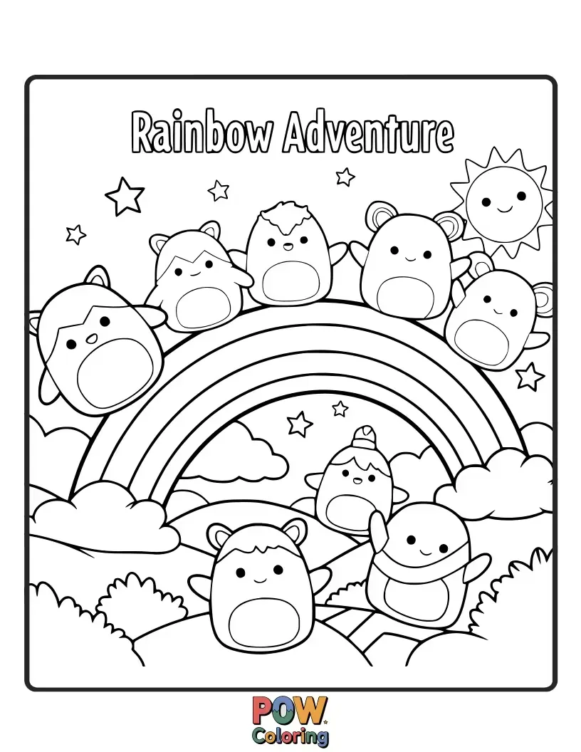 Free coloring page of A fluffy Squishmallow soaring through a vibrant rainbow, surrounded by twinkling stars and fluffy clouds.