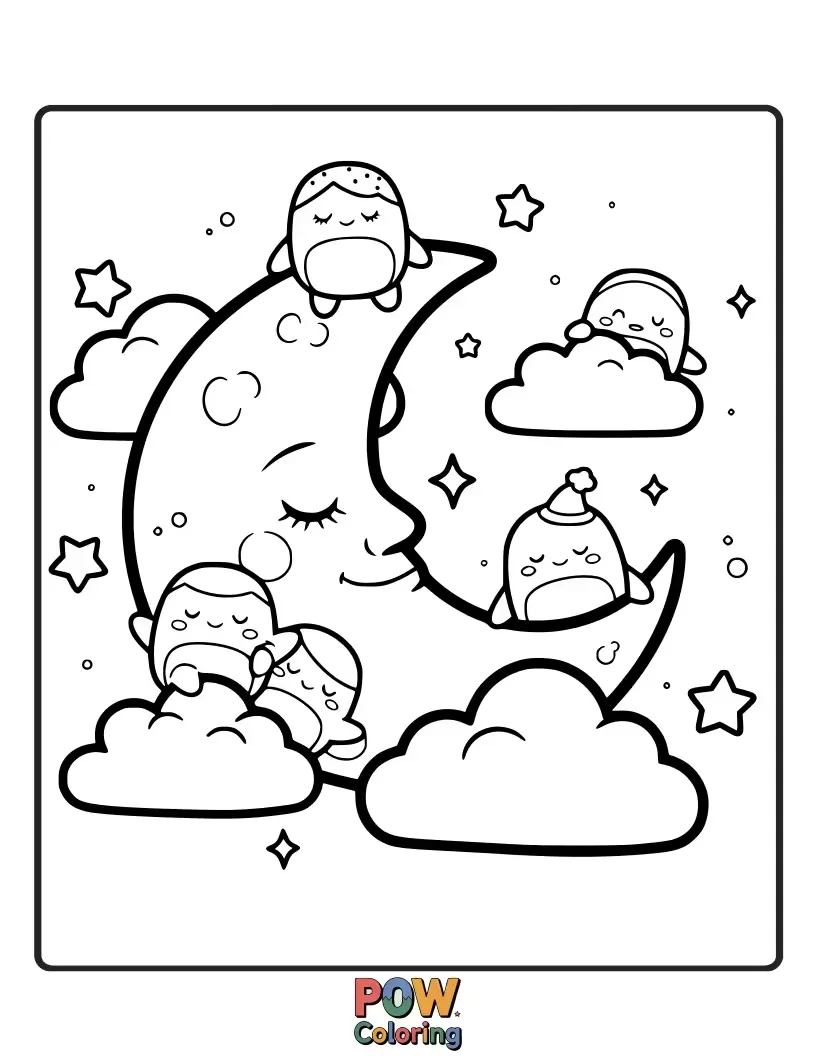 Free coloring page of A serene Squishmallow gazing at a crescent moon and stars, drifting off to a peaceful sleep.