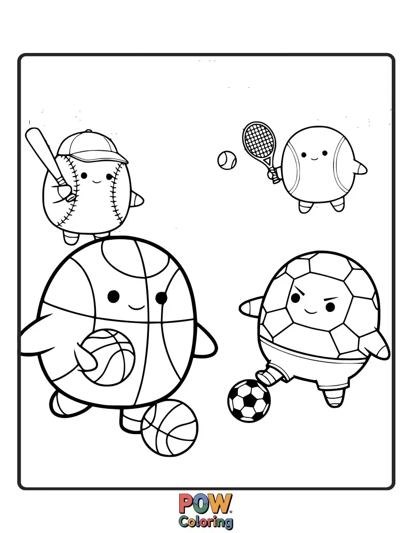 Free coloring page of An energetic Squishmallow playing their favorite sport, ready to score a winning goal or hit.