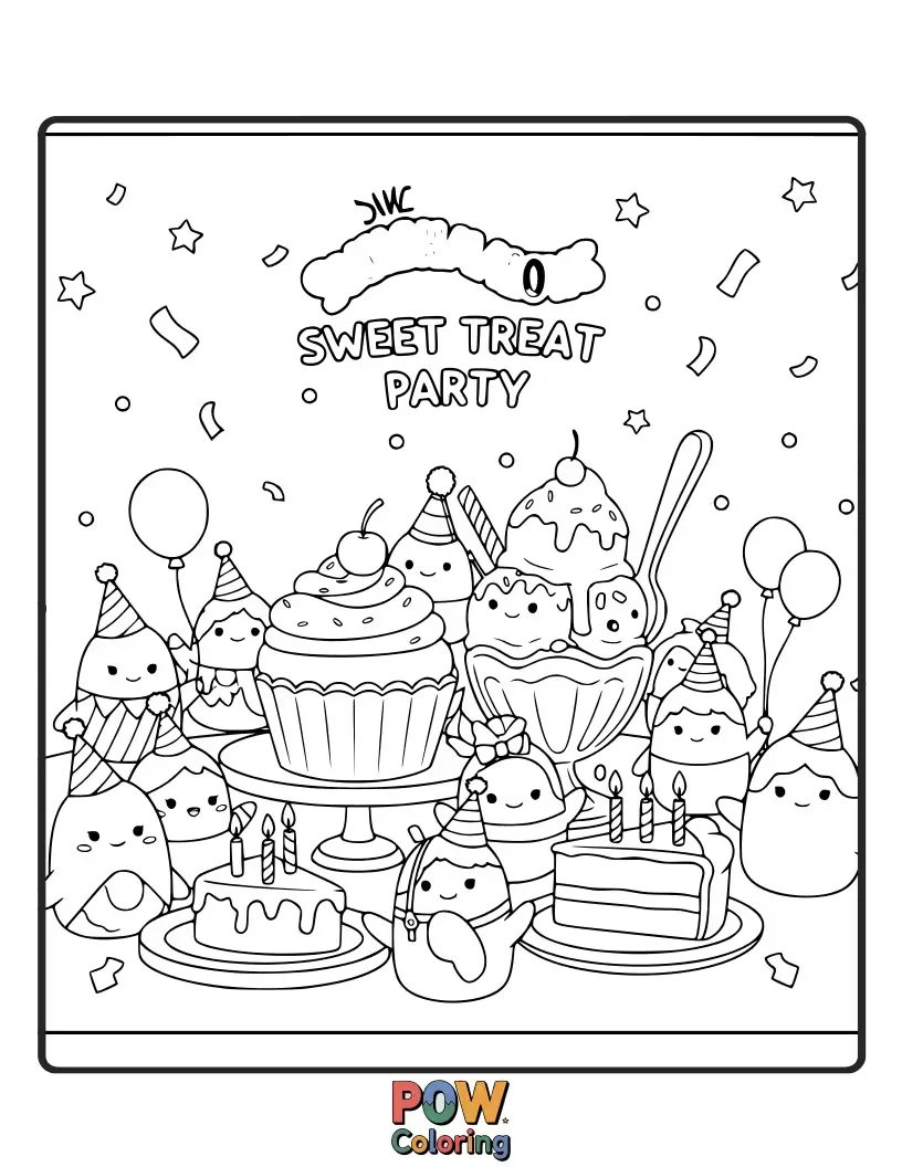 Free coloring page of A group of happy Squishmallows enjoying a delightful party filled with cupcakes, cookies, and ice cream.