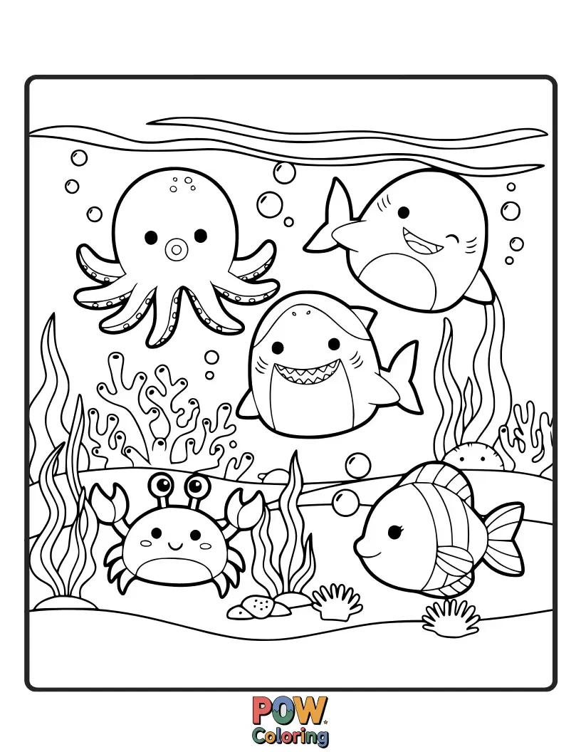 Free coloring page of A curious Squishmallow swimming with colorful fish and playful dolphins in a vibrant coral reef.