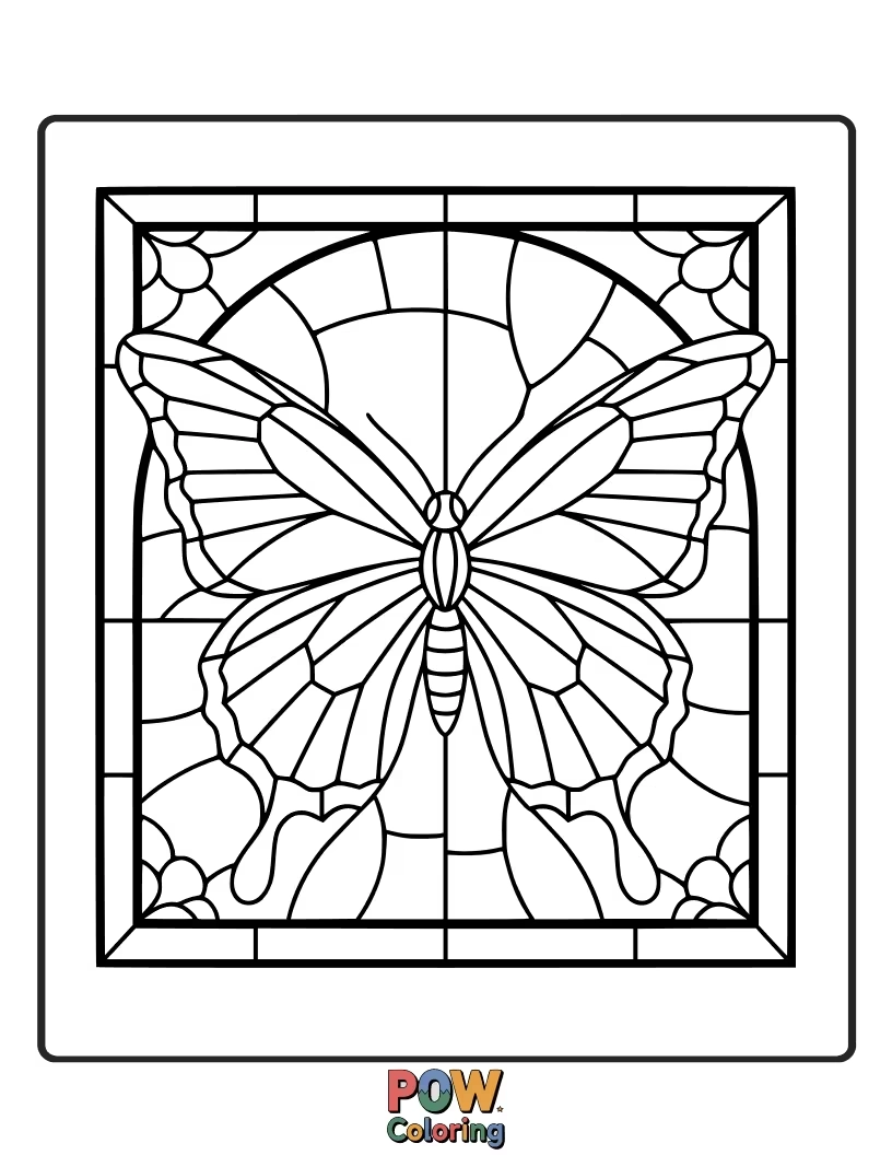 Free coloring page of A majestic butterfly with intricate stained glass wings, casting colorful patterns as it flutters through a sunlit window.