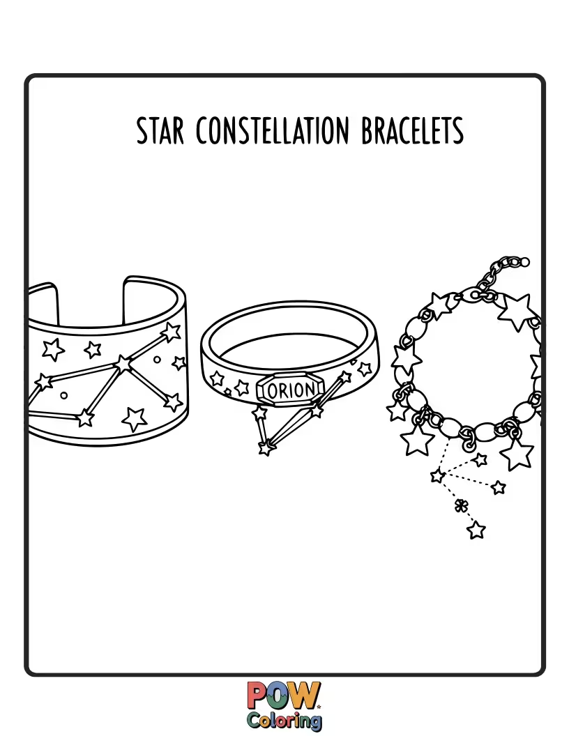 Free coloring page of Simple dots connected to form recognizable constellations on a bracelet band. Celestial and elegant.