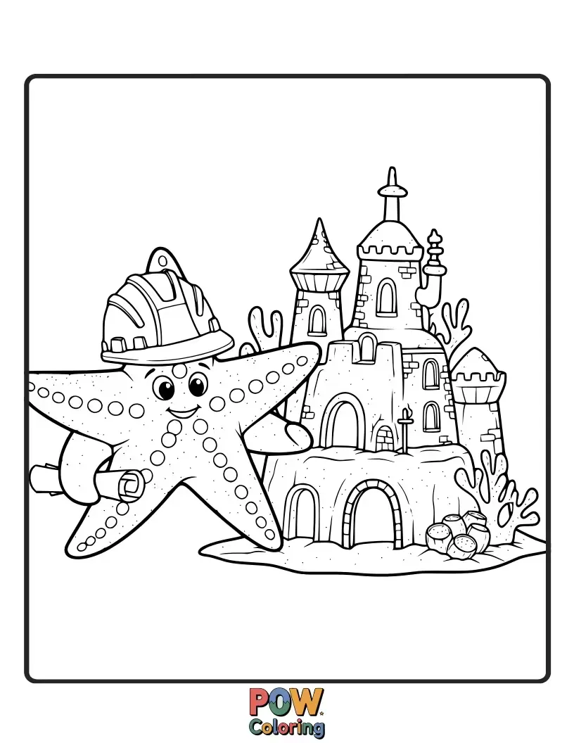 Free coloring page of A meticulous starfish with blueprints, designing an intricate sandcastle on the seabed.