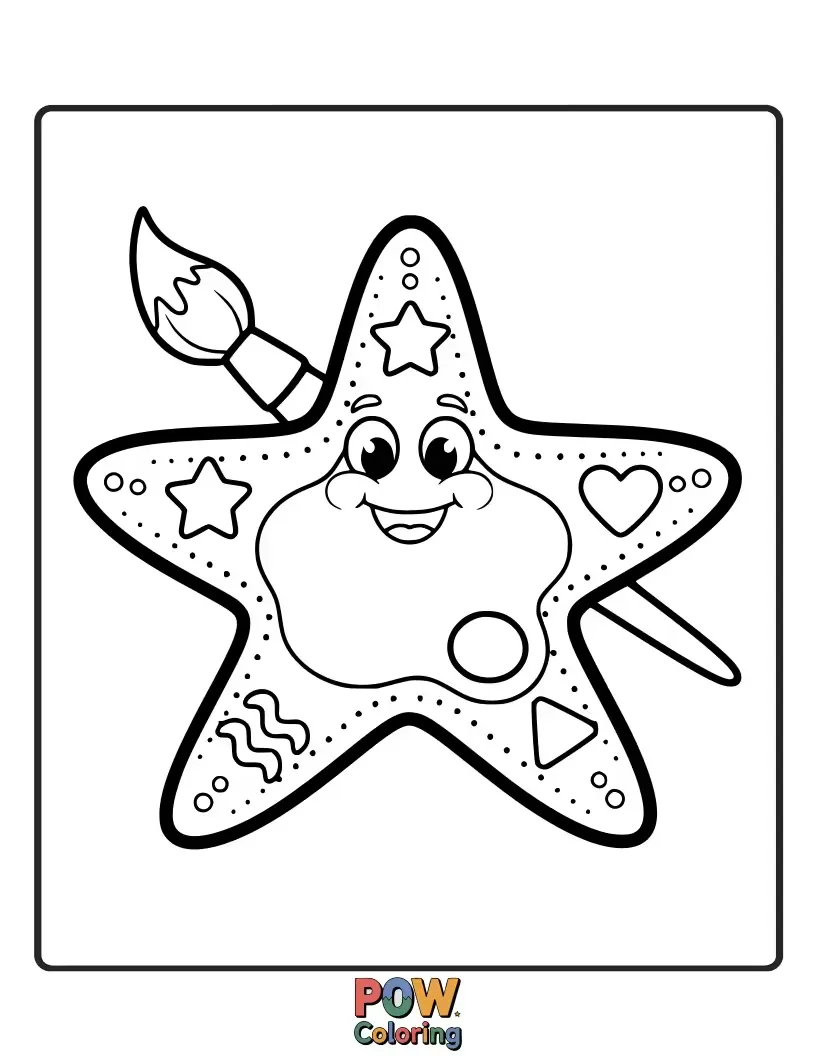Free coloring page of A creative starfish holding a palette of vibrant shell paints, ready to add color to the ocean.