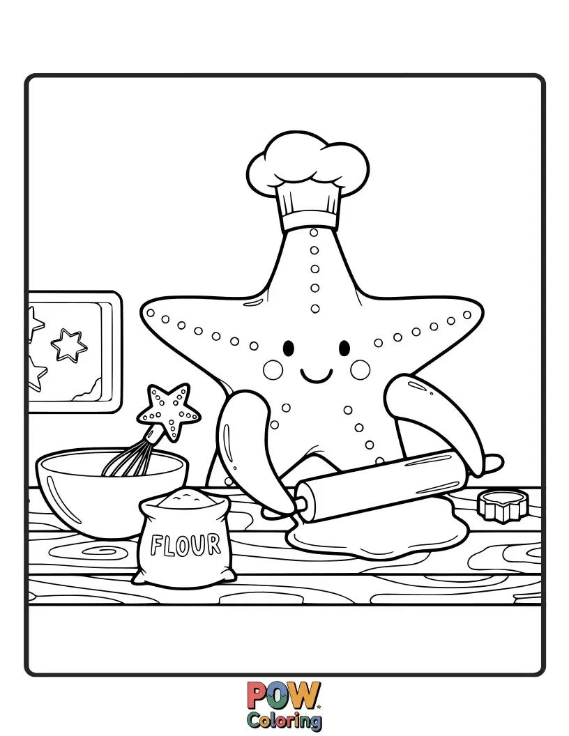 Free coloring page of A cheerful starfish wearing a baker's hat, decorating a delightful seashell cake with frosting.