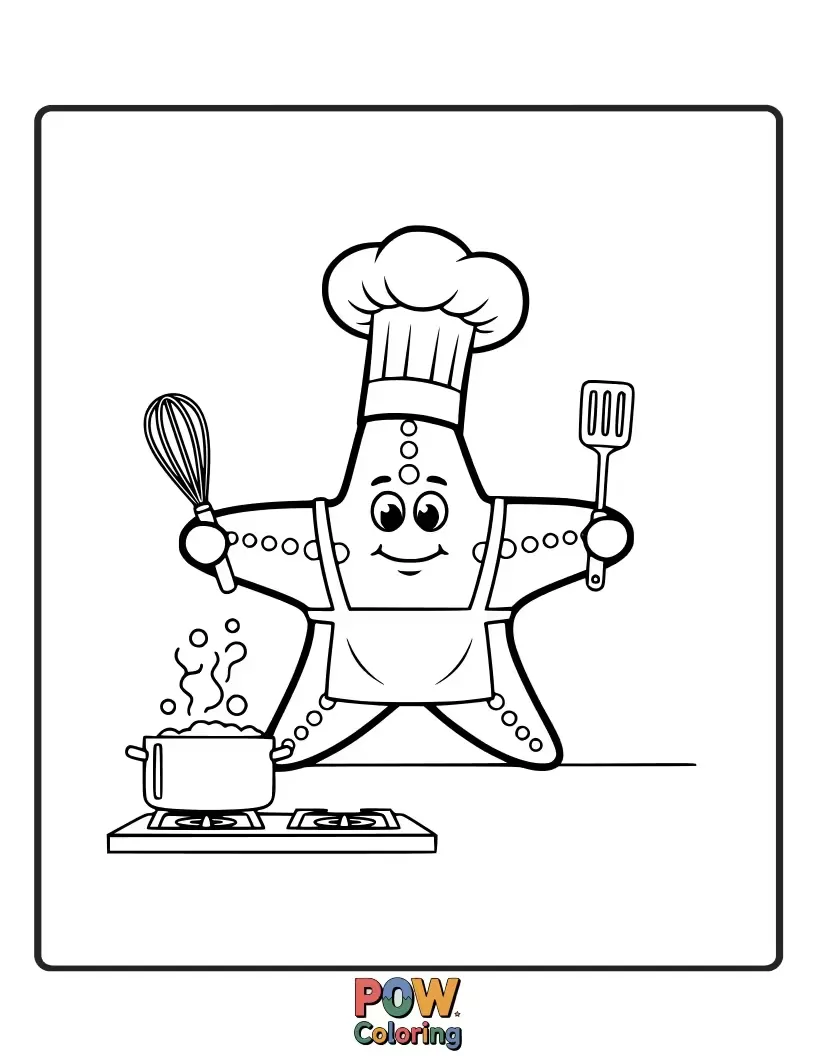 Free coloring page of A cute starfish in an apron and chef's hat, happily stirring a bubbly pot of ocean stew.