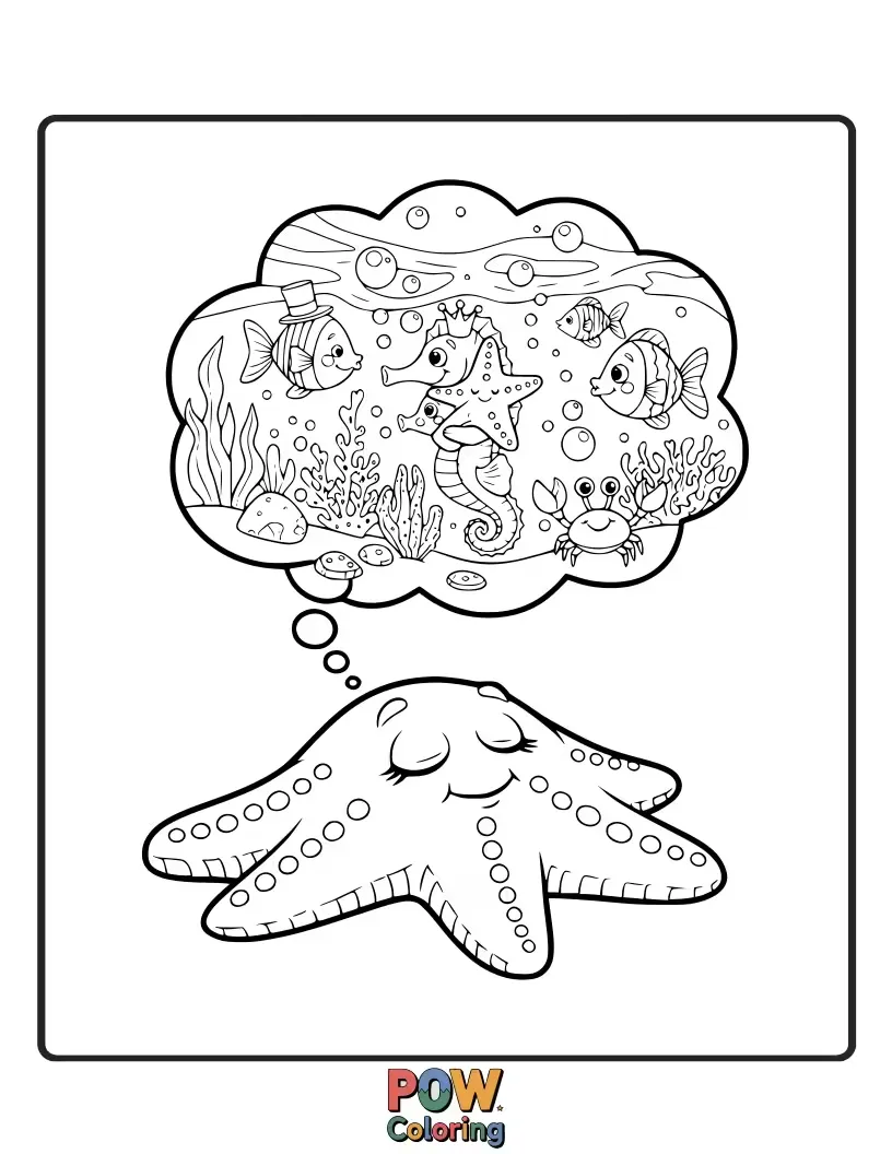Free coloring page of A dreamy starfish gazing at a starry night sky, with crescent moons and twinkling stars drifting gently above.