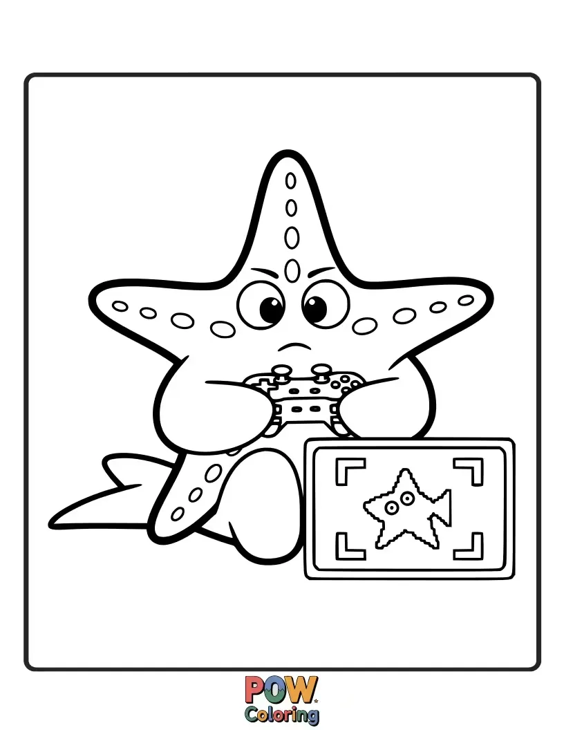 Free coloring page of A focused starfish with a tiny controller, intensely playing a fun underwater video game on a clam shell.
