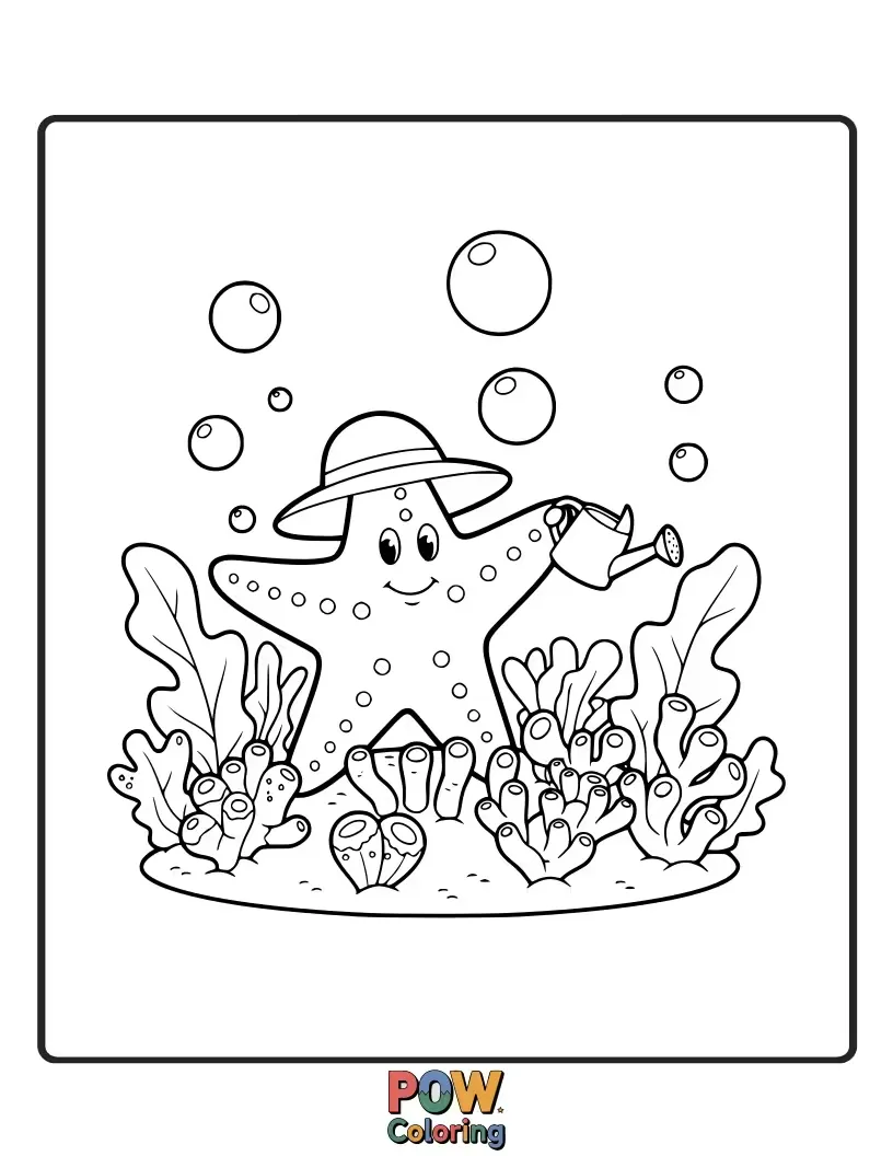 Free coloring page of A sweet starfish with a watering can, tending to a patch of underwater flowers and playful bubbles.