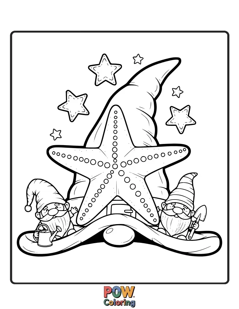 Free coloring page of A funny starfish wearing an oversized, pointed gnome hat, peeking out from behind a giant seashell.