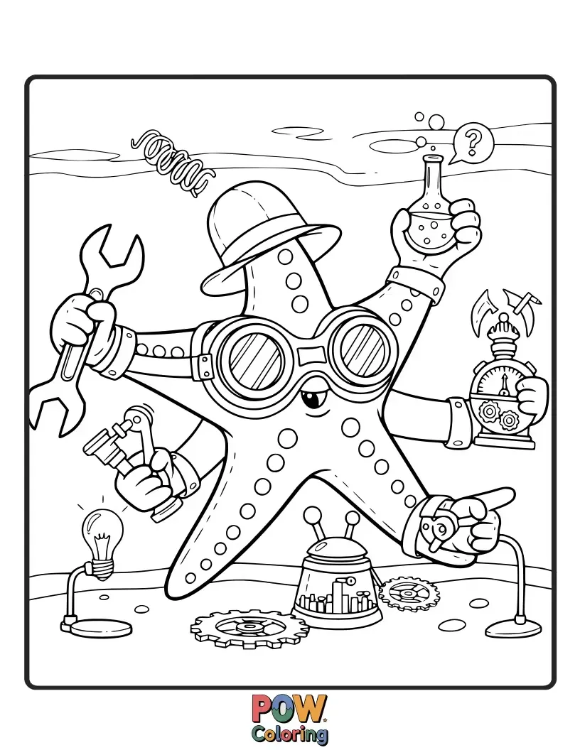 Free coloring page of A clever starfish with goggles and gears, building a whimsical underwater contraption from shells and trinkets.