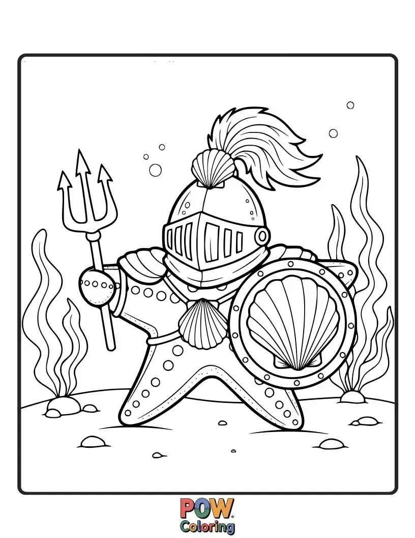 Free coloring page of A brave starfish wearing a tiny seashell helmet and shield, protecting its underwater kingdom.